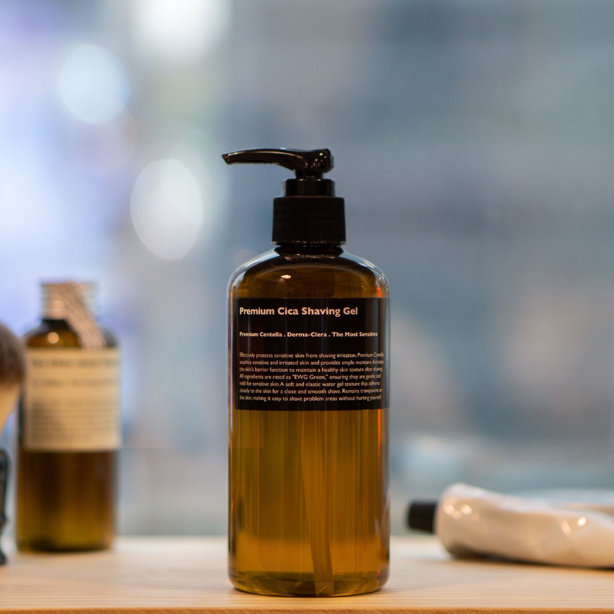 LAZY SOCIETY Premium Cica Shaving Gel 300ml in pump bottle on wooden shelf Gentleman Korea grooming product for men