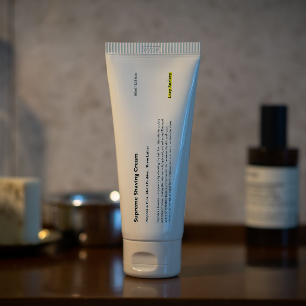 LAZY SOCIETY Superme Shaving Cream 100ml tube on bathroom counter, Gentleman Korea Korean men's grooming product for a smooth shave