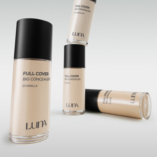 LUNA Long Lasting Full Cover Big Concealer bottles in various positions for even skin tone coverage.