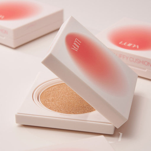 LUNA Velvet Fluffy Cushion in an open compact case with soft texture, ideal for a luxurious makeup experience.
