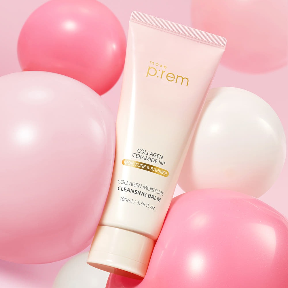 MAKE P:REM Collagen Moisture Cleansing Balm 100ml with pink and white balloons background