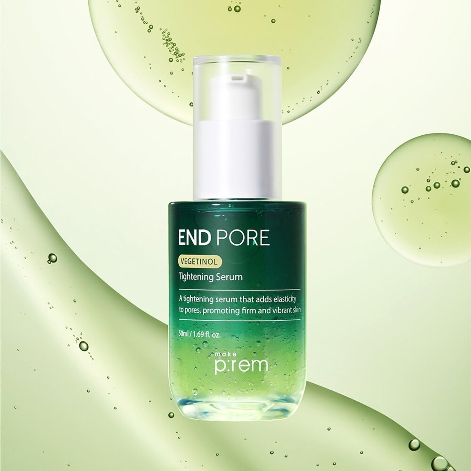MAKE P:REM Endpore Vegetinol Tightening Serum 50ml on a green background, emphasizing firming and skin elasticity properties