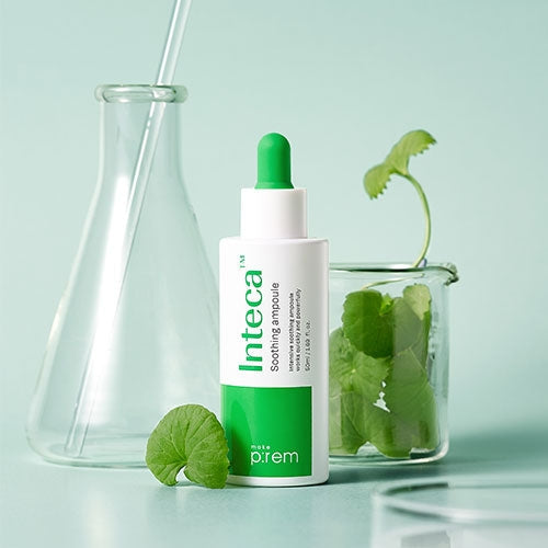 MAKE P:REM Inteca Soothing Ampoule 50ml with natural ingredients in a serene setting.