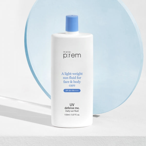 MAKE P:REM UV Defense Me Daily Sun Fluid 150ml bottle with blue cap, SPF 50+ PA++++, lightweight sun fluid for face and body care.