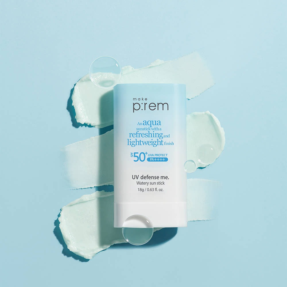 MAKE P:REM UV Defense Me Watery Sun Stick 18g SPF50+ PA++++ on a textured background showcasing product texture.