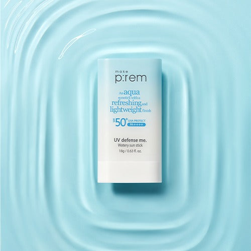 MAKE P:REM UV Defense Me Watery Sun Stick 18g SPF50+ PA++++ on a water ripple background