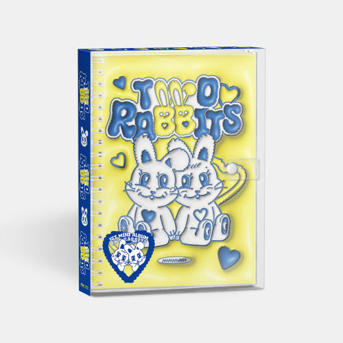MAMAMOO+ 1ST MINI ALBUM TWO RABBITS cover featuring cartoon rabbits with hearts on yellow and blue design