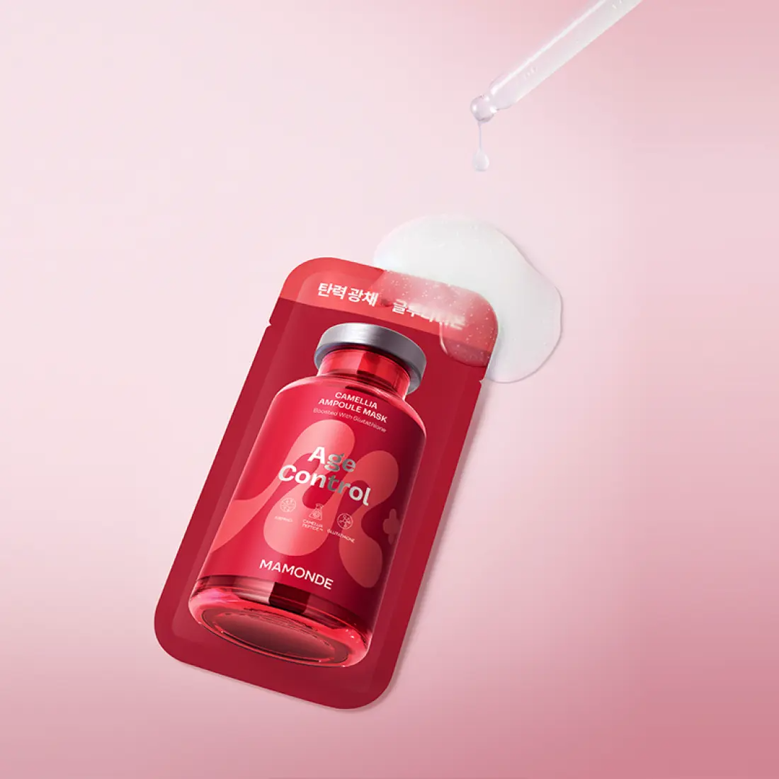MAMONDE Age Control Camellia Ampoule Mask Pack featuring red packaging with a dropper and lotion on a light pink background.