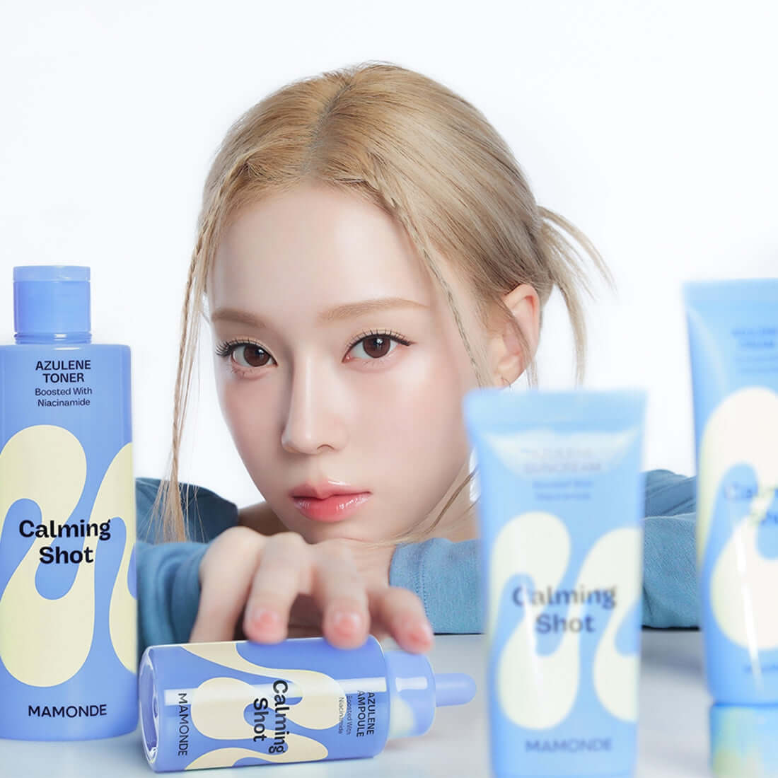 MAMONDE Calming Shot Azulene Toner 300ml with model showcasing calming skincare benefits.