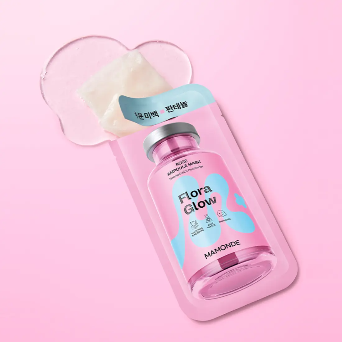 MAMONDE Flora Glow Rose Ampoule Mask Pack on pink background showcasing skincare benefits