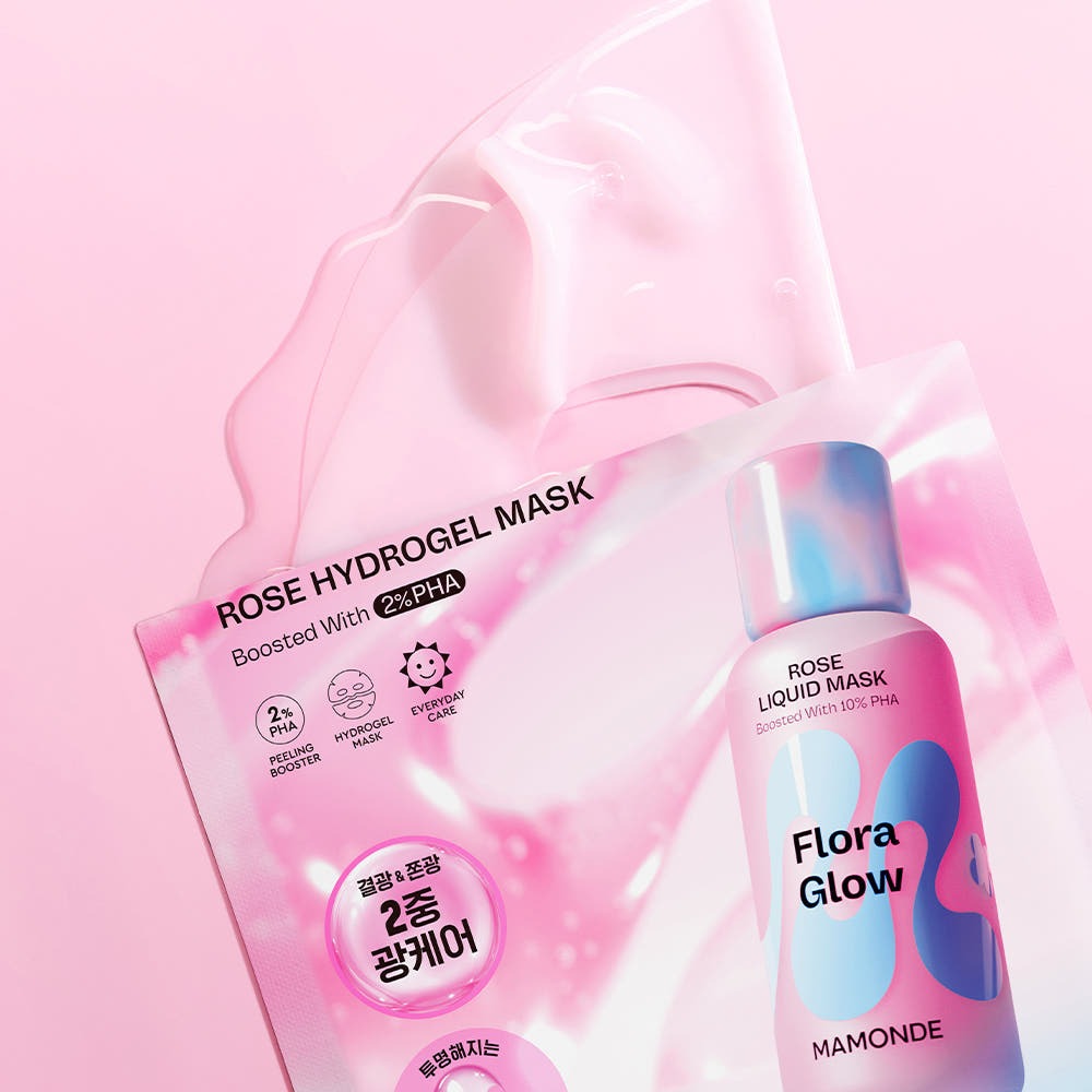 MAMONDE Flora Glow Rose Hydrogel Mask 1 sheet featuring rose liquid mask packet with vibrant pink design on pink background.