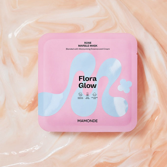 MAMONDE Flora Glow Rose Marble Pack on marble background, featuring moisturizing essence and cream blend