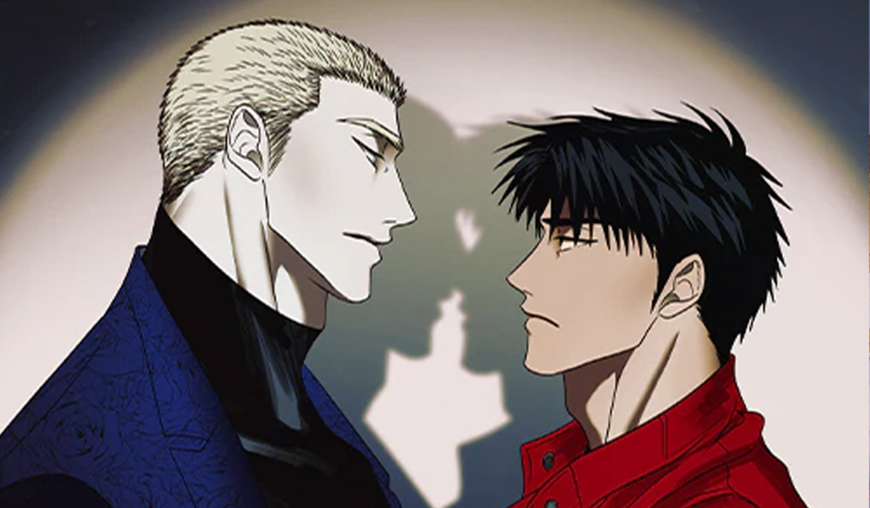Two animated characters facing each other with intense expressions, one with light hair and the other with dark hair, in a dramatic shadowed scene.