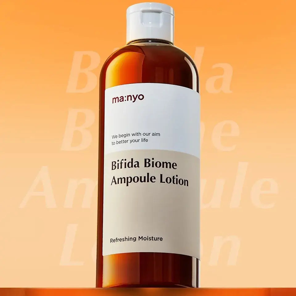 MANYO Bifida Biome Ampoule Lotion 300ml bottle on an orange background.