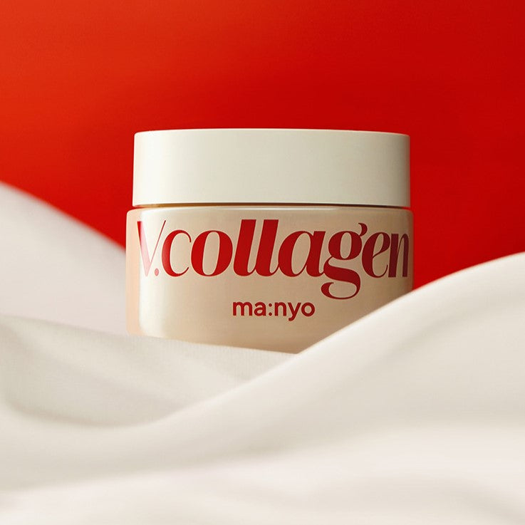 MA:NYO V.Collagen Heart Fit Cream 50ml jar on a red background with white fabric.