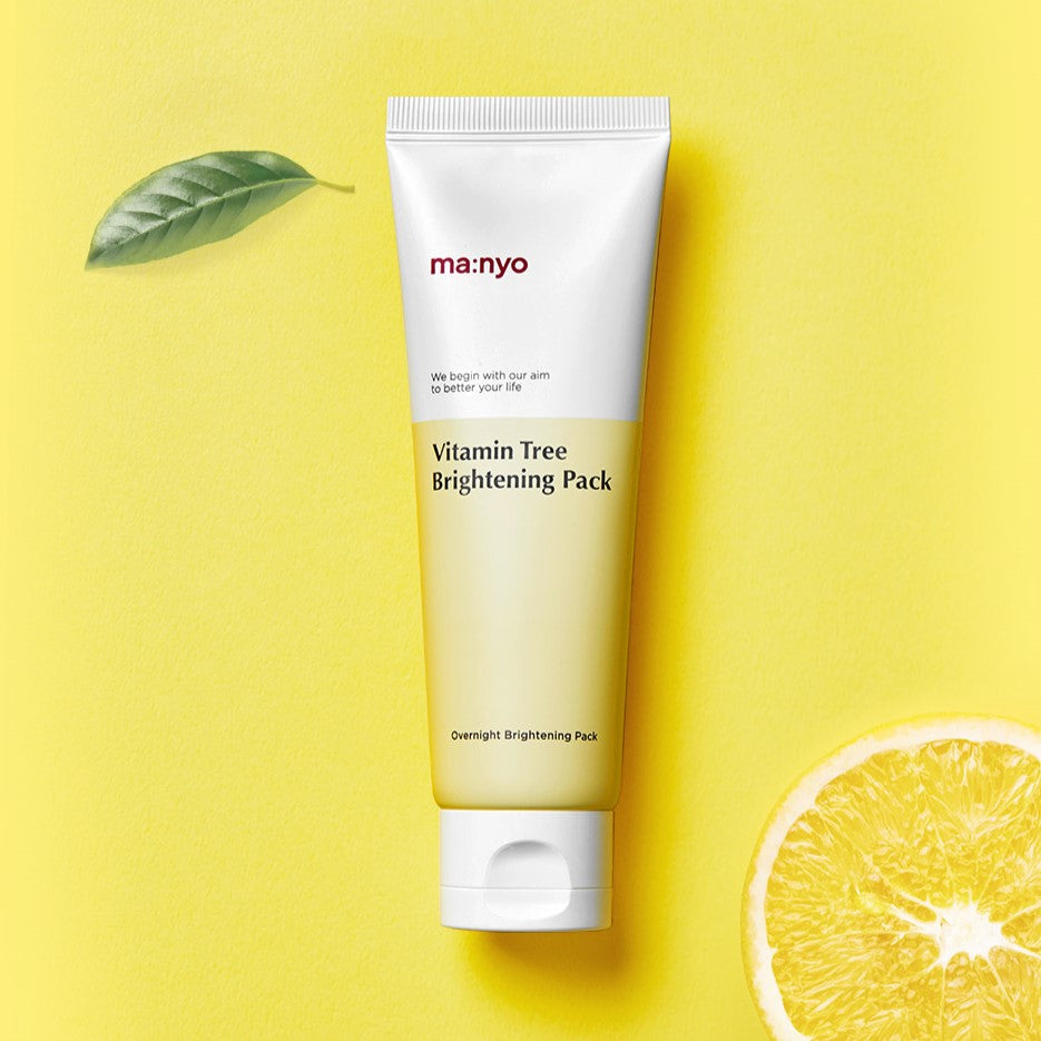 MA:NYO Vitamin Tree Brightening Pack 75ml tube on a yellow background with green leaf and lemon slice