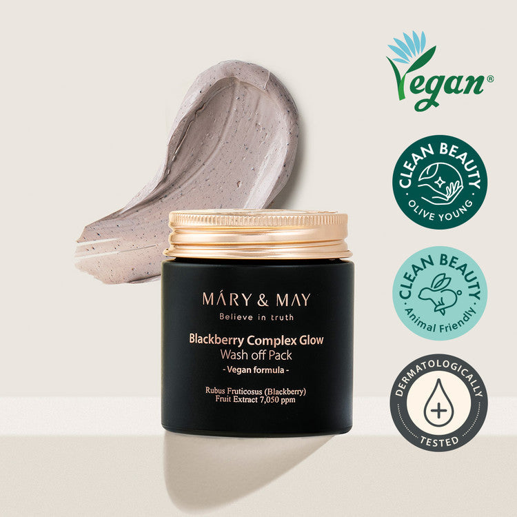 MARY & MAY Blackberry Complex Glow Wash off Pack 125g, vegan and clean beauty certified skincare jar with cream smear and logos