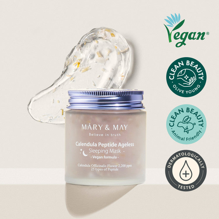 MARY & MAY Calendula Peptide Ageless Sleeping Mask 110g jar with texture and vegan, clean beauty certifications.