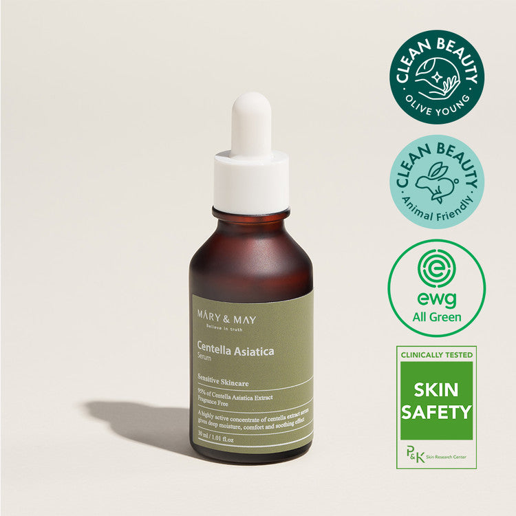 MARY & MAY Centella Asiatica Serum 30ml bottle with clean beauty and skin safety certifications
