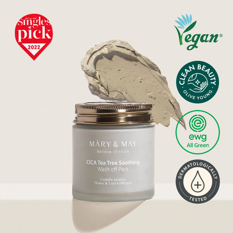 MARY & MAY Cica Tea Tree Soothing Wash off Pack 125g with texture and awards display.