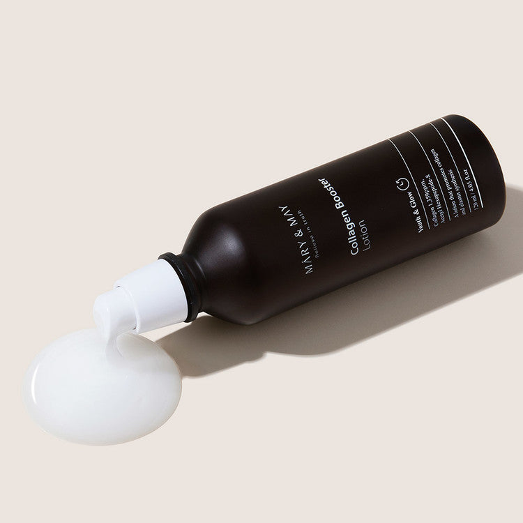 MARY & MAY Collagen Booster Lotion 120ml bottle with lotion spilling out, showcasing packaging and texture.