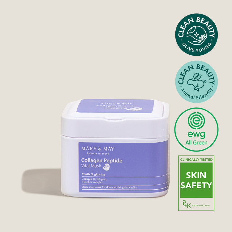 MARY & MAY Collagen Peptide Vital Mask x30 product image showcasing packaging and certifications
