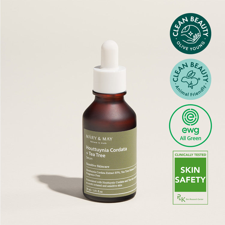 MARY & MAY Houttuynia Cordata + Tea Tree Serum 30ml bottle with clean beauty certifications