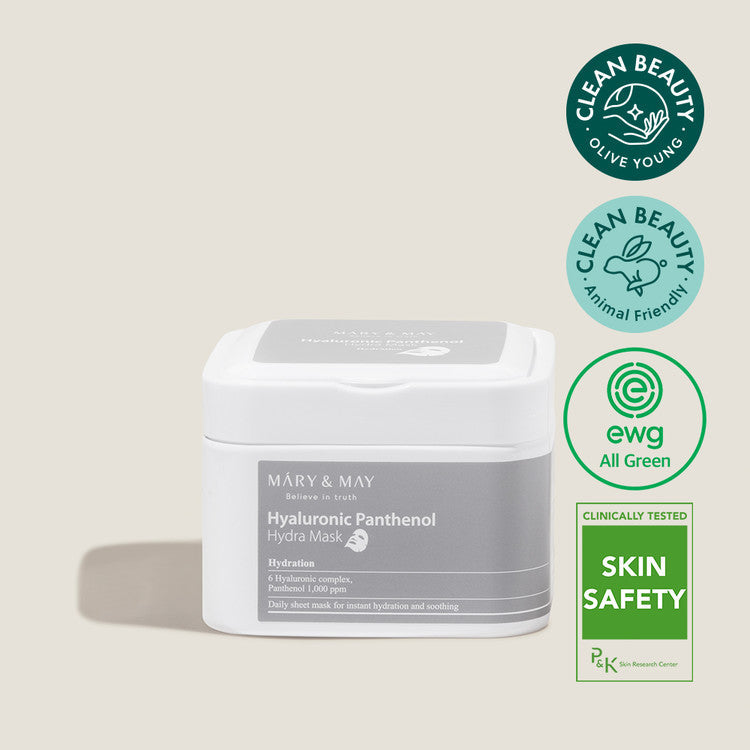 MARY & MAY Hyaluronic Panthenol Hydra Mask x30 packaging with clean beauty and skin safety certifications displayed.