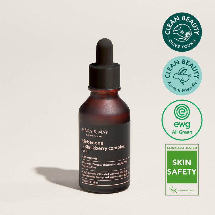 MARY & MAY Idebenone + Blackberry Complex Serum 30ml with clean beauty certifications and skin safety approval.