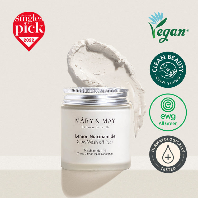 MARY & MAY Lemon Niacinamide Glow Wash off Pack 125g with product texture and vegan certification icons.