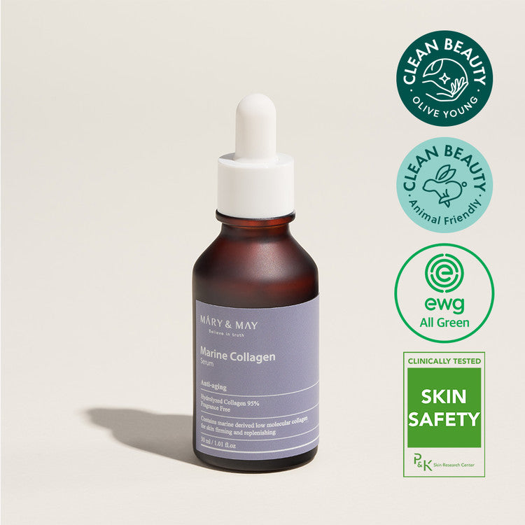 MARY & MAY Marine Collagen Serum 30ml bottle on a beige background with clean beauty certifications and skin safety labels.