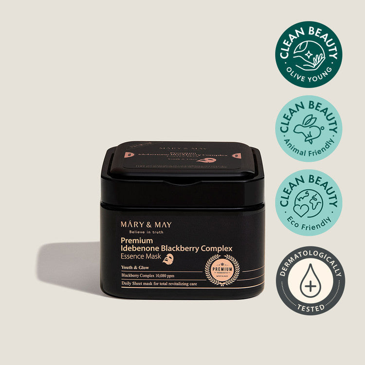 MARY & MAY Premium Idebenone Blackberry Complex Essence Mask x20 with clean beauty and dermatologically tested certifications.