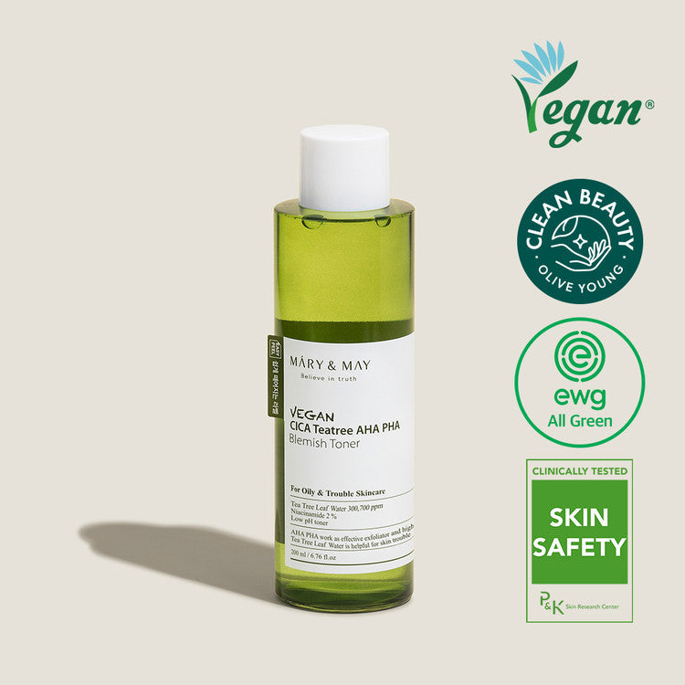 MARY & MAY Vegan CICA Teatree AHA PHA Blemish Toner 200ml bottle with certification logos for clean beauty, skin safety, and vegan-friendly.