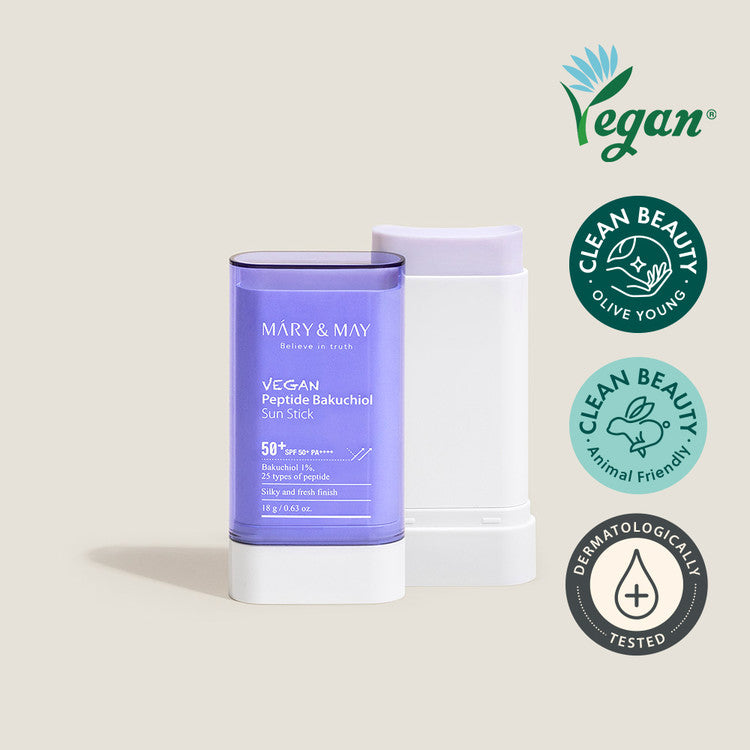 MARY & MAY Vegan Peptide Bakuchiol Sun Stick with clean beauty certifications on display.