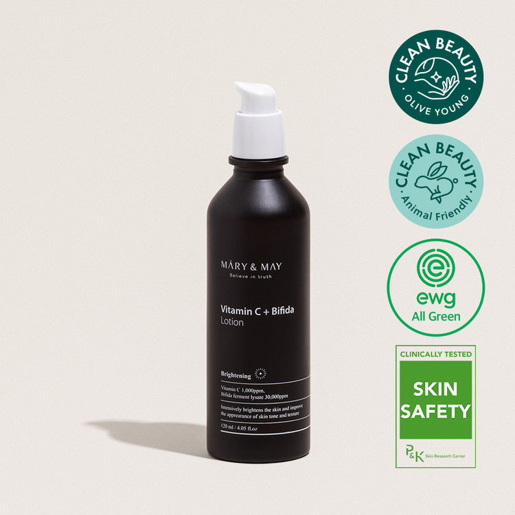 Image of MARY & MAY Vitamin C + Bifida Lotion 120ml bottle with clean beauty certifications and EWG All Green label.
