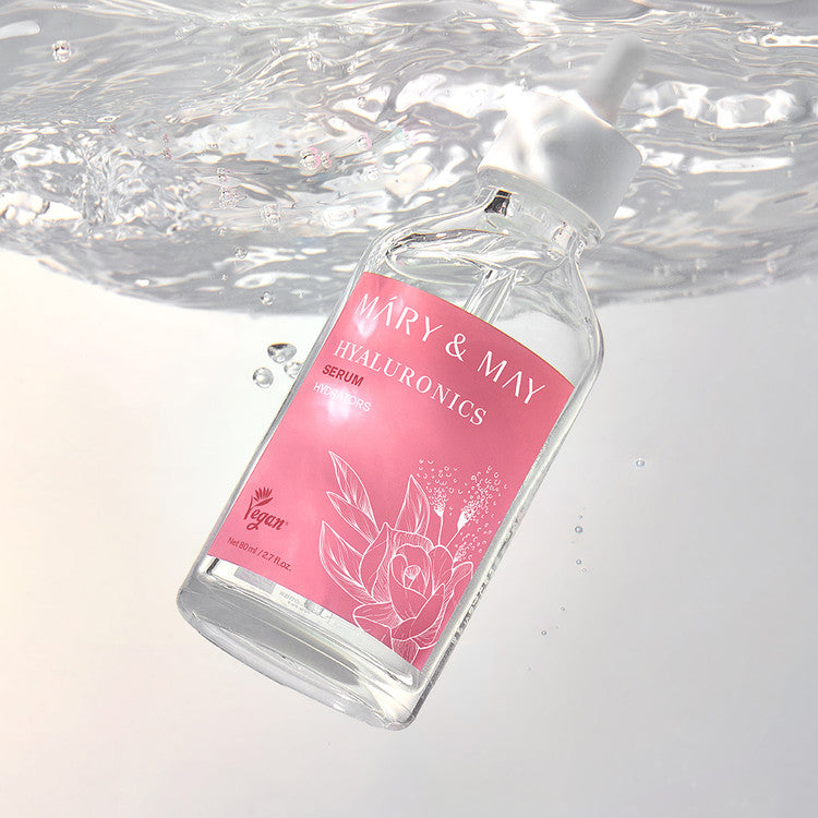 MARY&MAY Hyaluronic Serum 80ml product image showing bottle in water for hydration