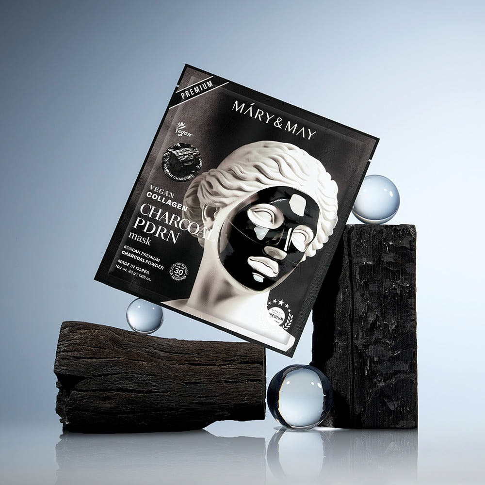 MARY&MAY Vegan Collagen Charcoal PDRN Gel Mask (4 Sheets), luxury skincare packaging displayed with elegant aesthetics.