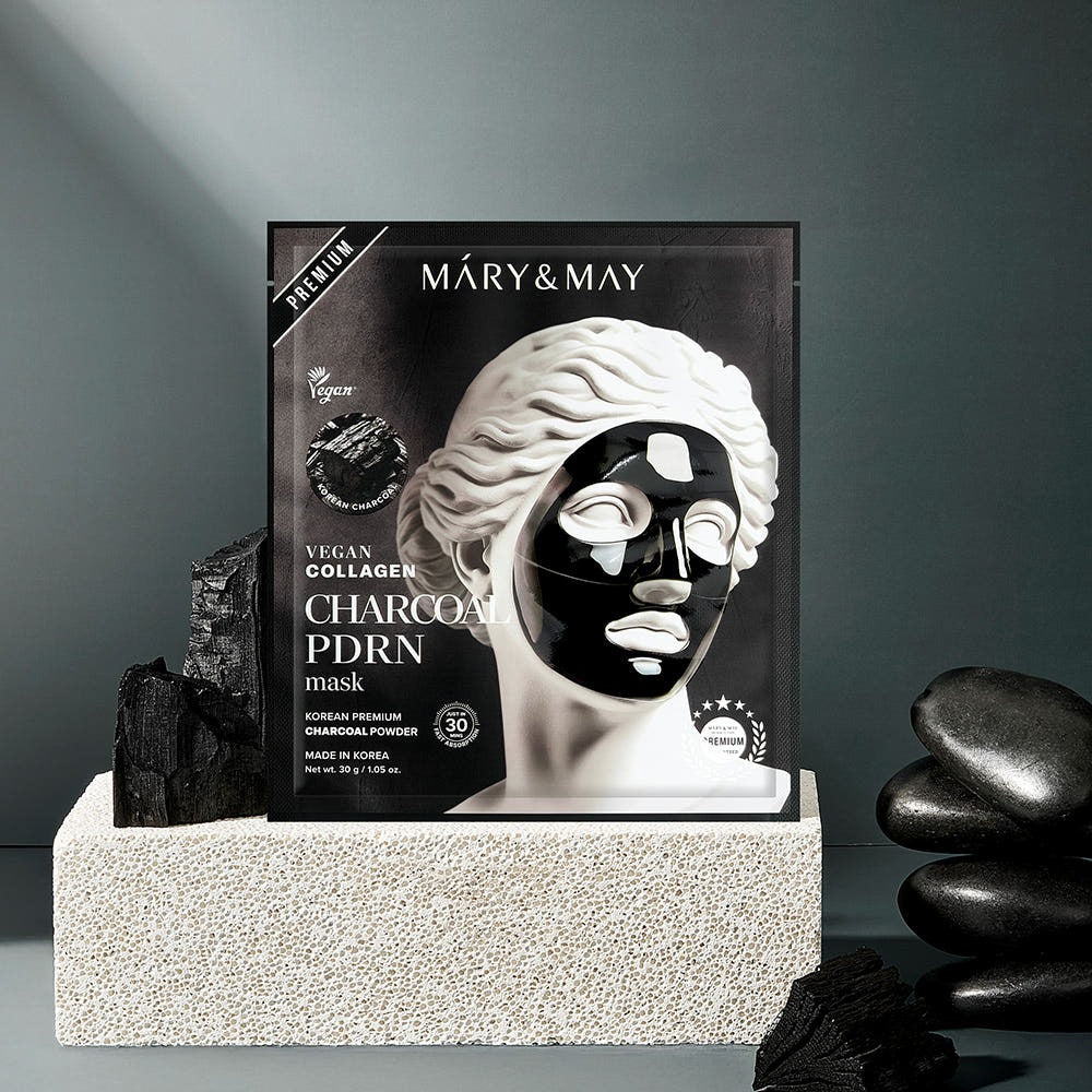 MARY&MAY Vegan Collagen Charcoal PDRN Gel Mask (4 Sheets) packaging with charcoal and mask illustration on display.