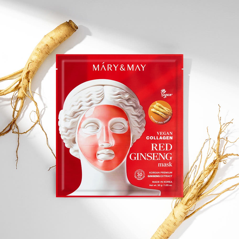 MARY&MAY Vegan Collagen Red Ginseng Gel Mask (4 sheets) displayed with ginseng roots