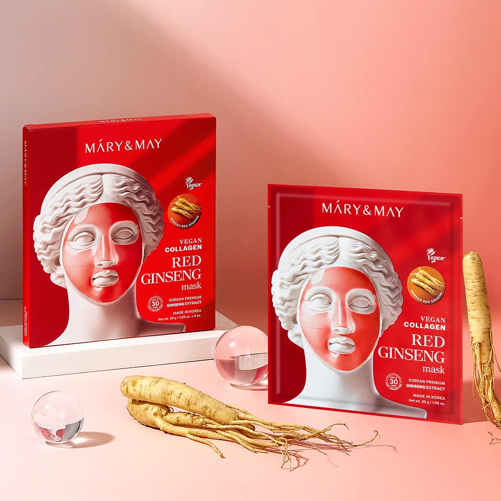MARY&MAY Vegan Collagen Red Ginseng Gel Mask (4 sheets) with red packaging and white statue head design