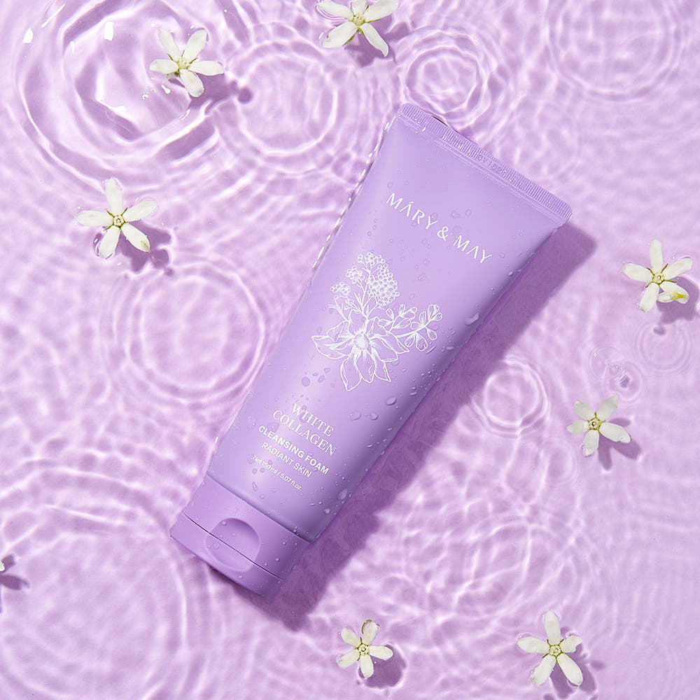 MARY&MAY White Collagen Cleansing Foam 150ml on pink floral water background