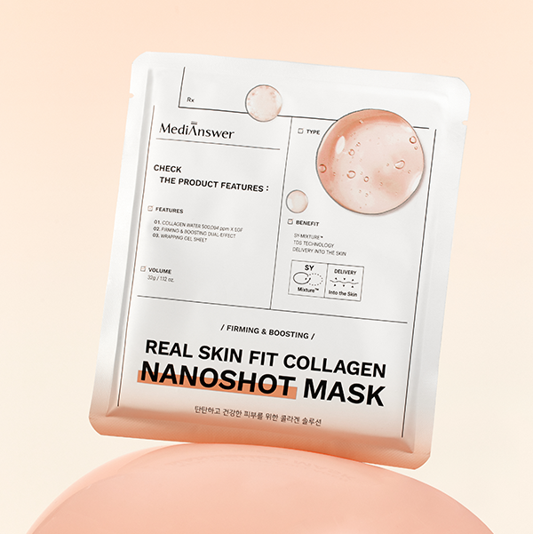 MEDIANSWER Real Skin Fit Collagen Nanoshot Mask 5 sheets packaging with collagen benefits and firming boosting features