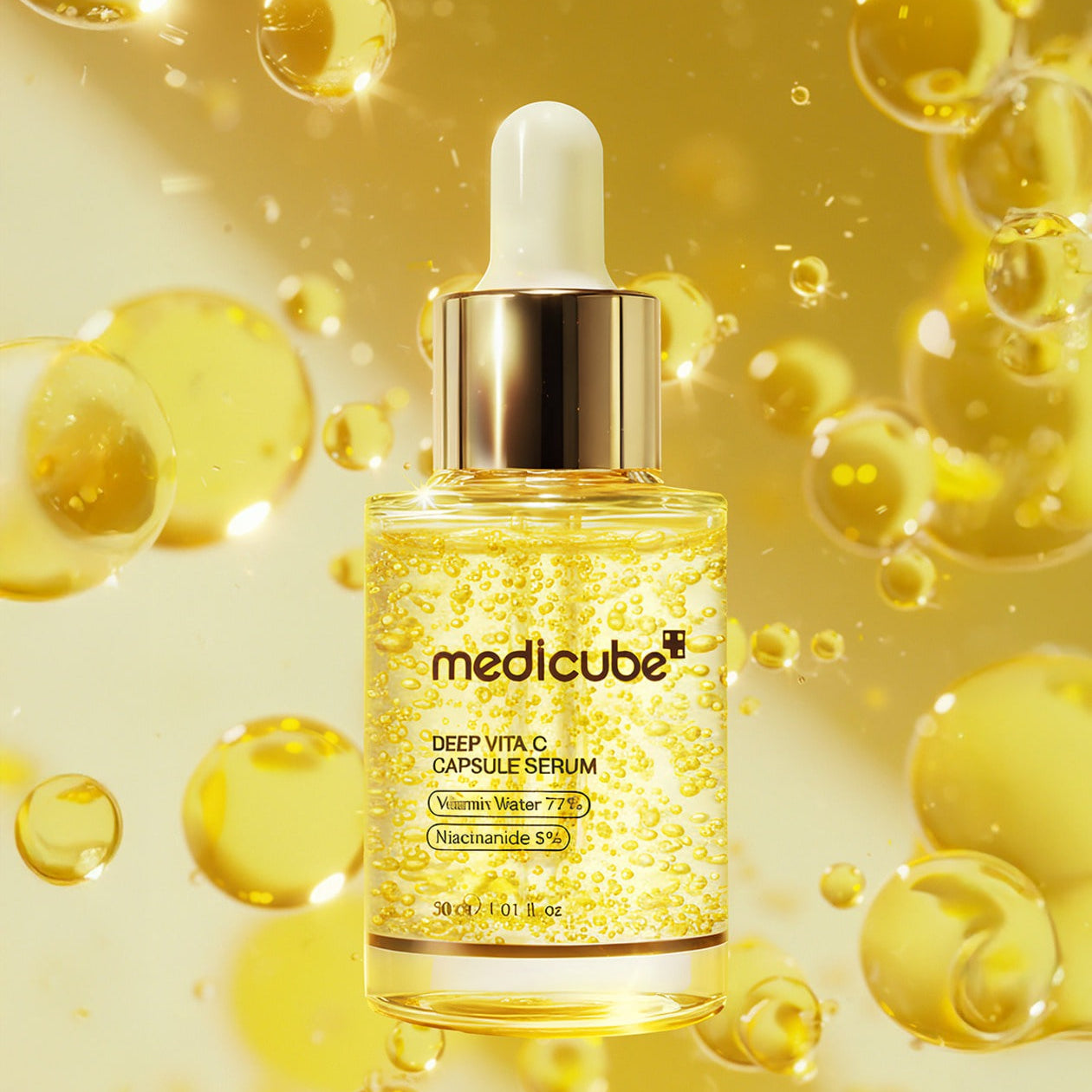MEDICUBE Deep Vita C Capsule Serum 50ml bottle with vibrant yellow serum and bubbles