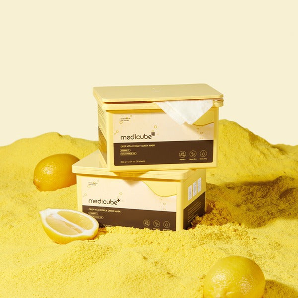 MEDICUBE Deep Vita C Daily Quick Mask 30 Sheets with vibrant lemon backdrop