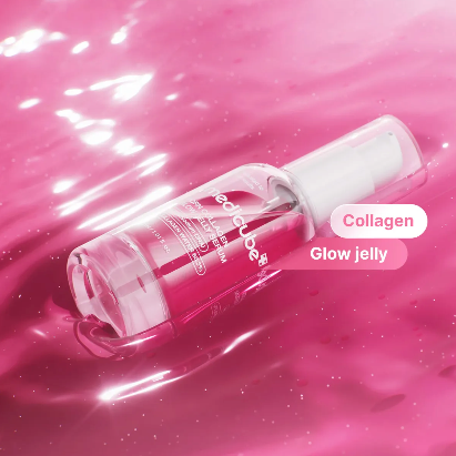 Image of MEDICUBE PDRN Collagen Glow Jelly Serum 30ml bottle on a pink background highlighting its glow jelly texture.