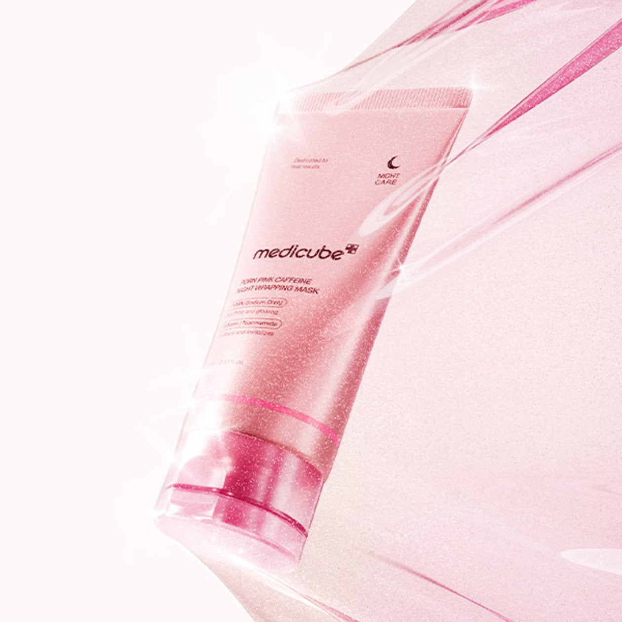 MEDICUBE PDRN Pink Caffeine Night Wrapping Mask 75ml skincare product in pink packaging.