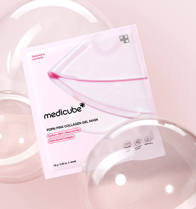 MEDICUBE PDRN Pink Collagen Gel Mask (4 masques) packaging with sodium DNA, niacinamide, and hydrolyzed collagen design.