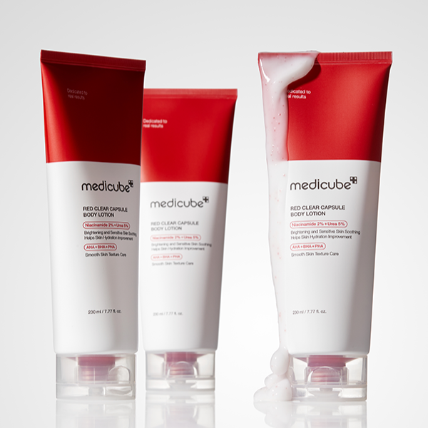 MEDICUBE Red Clear Capsule Body Lotion 230ml bottles showcasing lotion texture