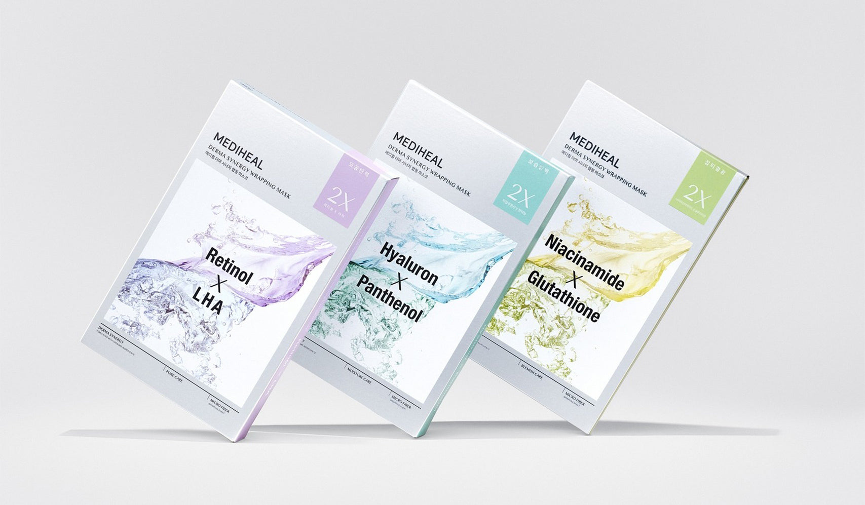 Mediheal skincare sheet masks for Retinol, Hyaluron, and Niacinamide, showcasing product packaging and key ingredients.