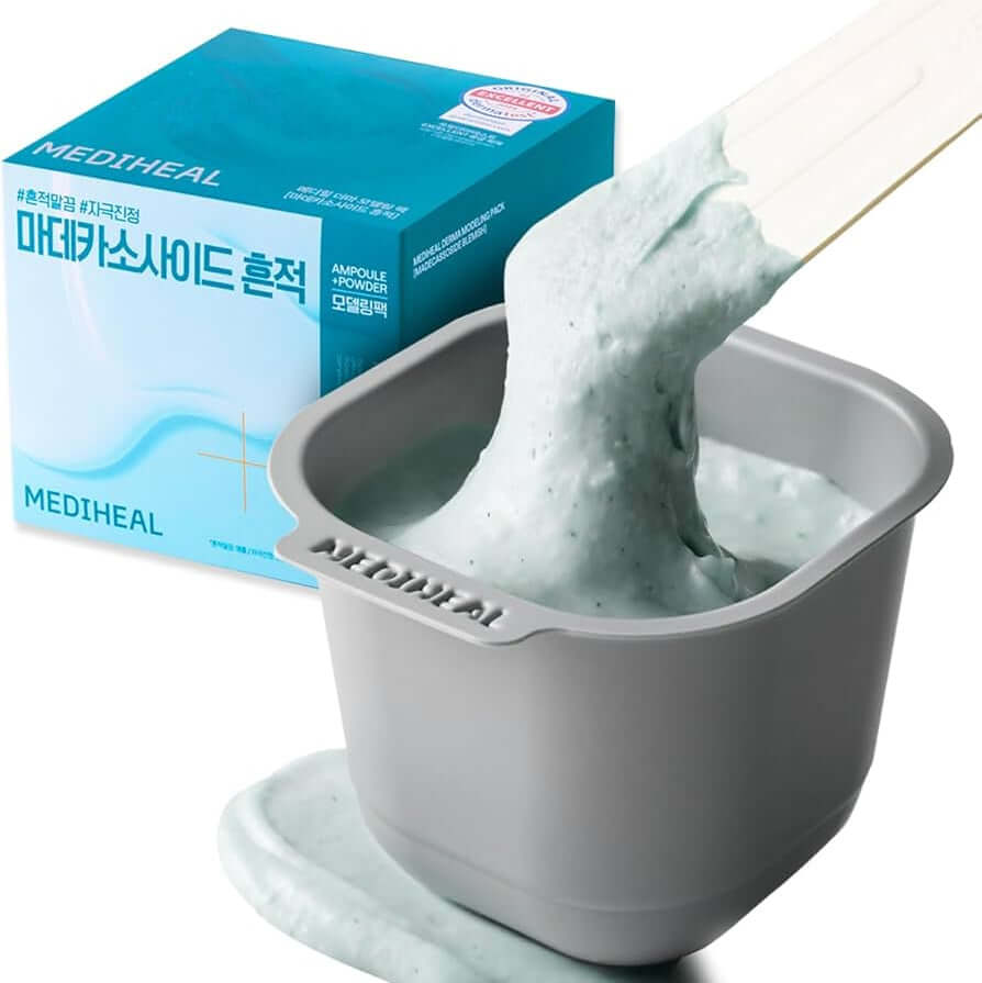 MEDIHEAL Derma Modeling Pack [Madecassoside Traces] product in a bowl with blue packaging.